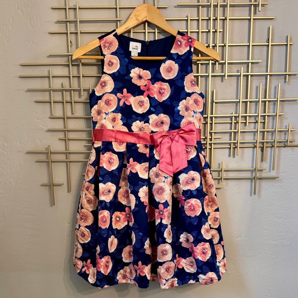 Special Editions Girls L Navy Pink Floral Party Dress Satin Bow